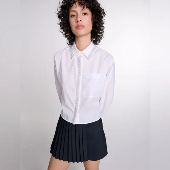 NWOT MAJE Bead-embellished Cropped Shirt in Cotton